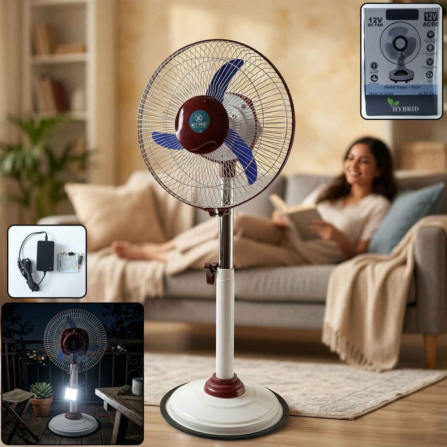 Pedestal Fan – Adjustable Height with LED Light & Rechargeable Power
