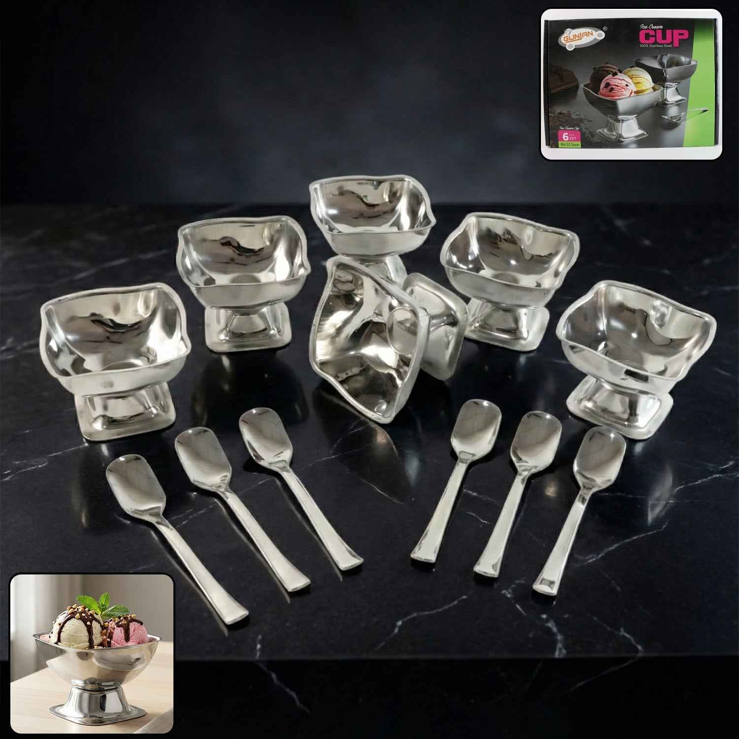 Stainless Steel Ice Cream Cup Set – Elegant 6-Piece Dessert Bowls