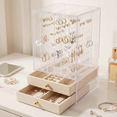 Acrylic Jewelry Organizer Box, 3 Hanging Panels and 2 Drawers for Earrings (1 Set)