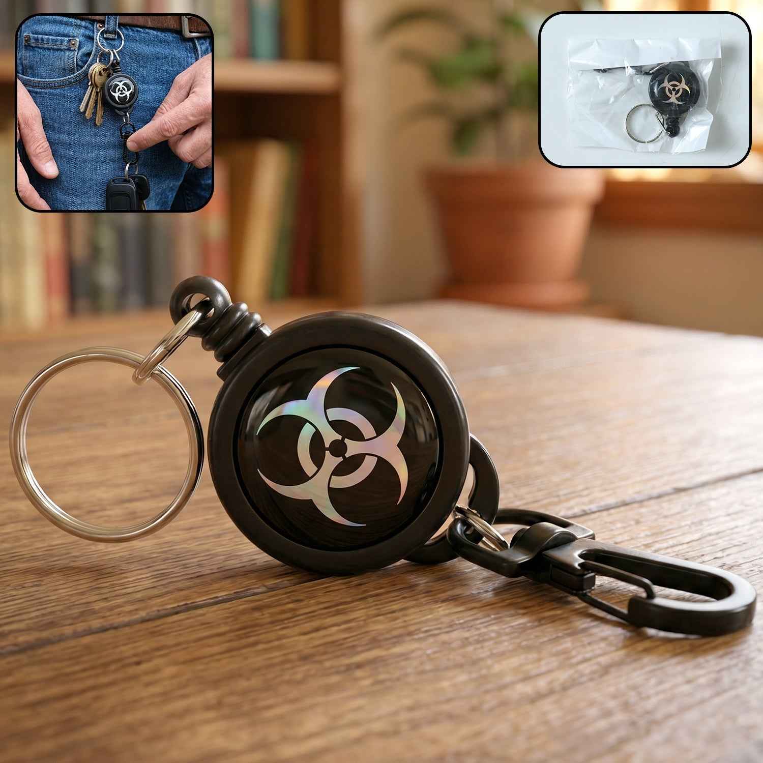 Retractable keychain with durable clip attached to belt loop.