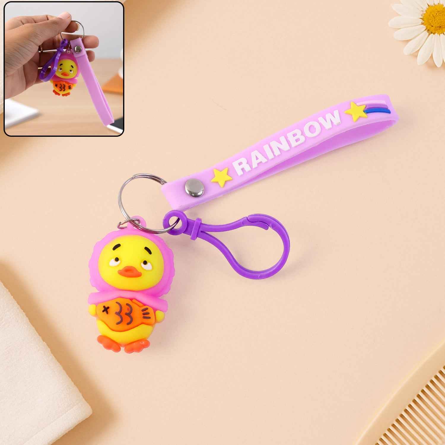 Cartoon Duck Keychain – Cute Rainbow Strap Accessory