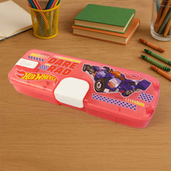 Side profile of the durable plastic LED Light Pencil Box with playful cartoon art.