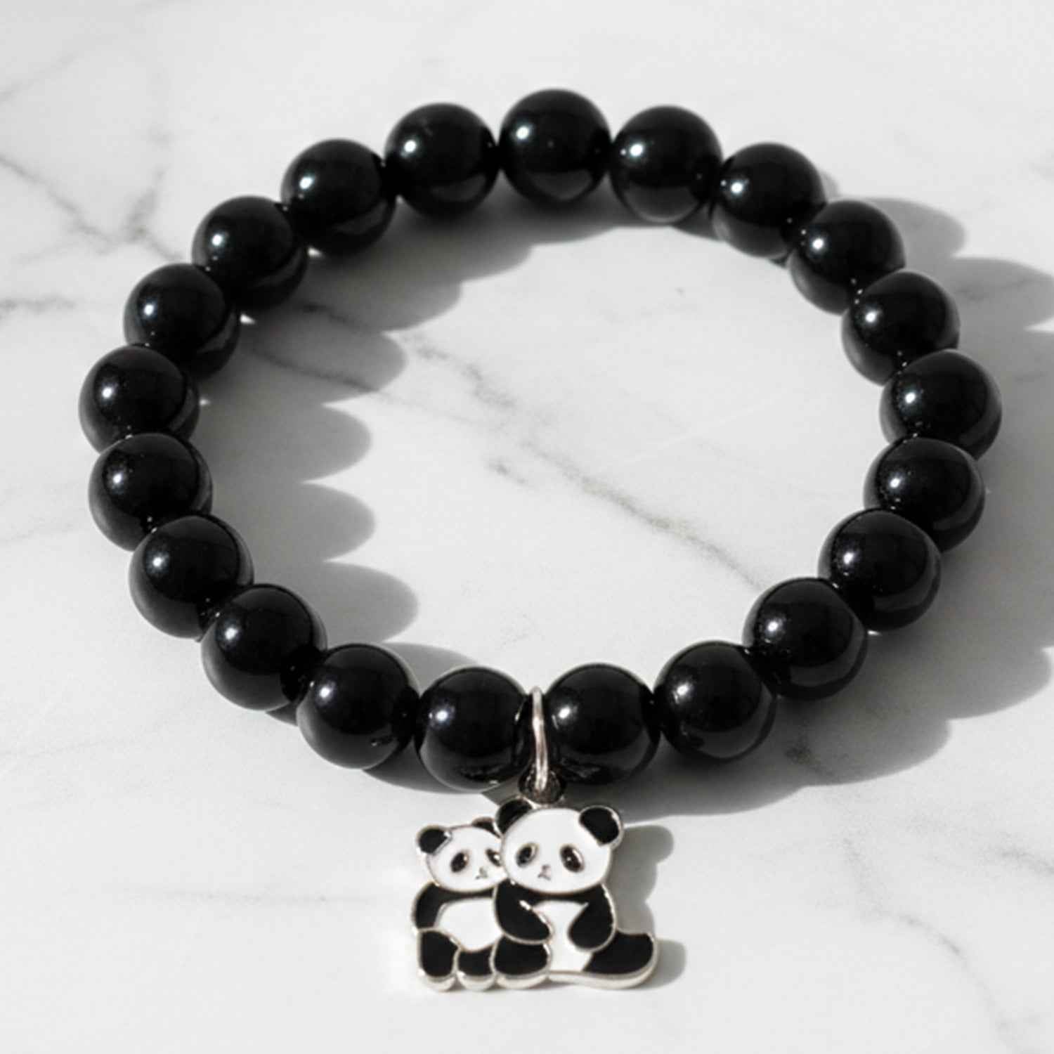 Black Beaded Stretch Bracelet – Cute Panda Charm Accessory