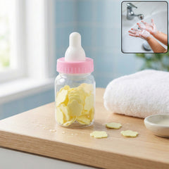 Portable baby bottle soap paper sheets set in a compact container for hand hygiene