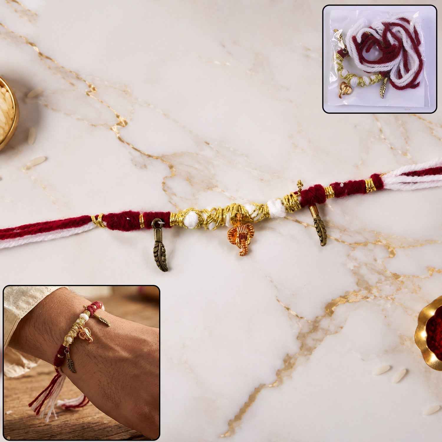 Rakhi Bracelet Ð Ethnic design with Ganesh charm and feather accents