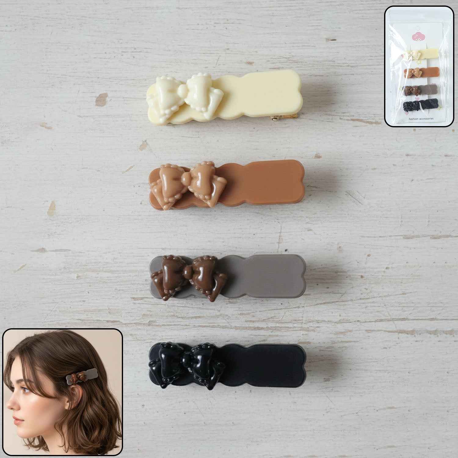 Elegant Bow Hair Clips Set – Stylish 4-Piece Snap Clips Combo