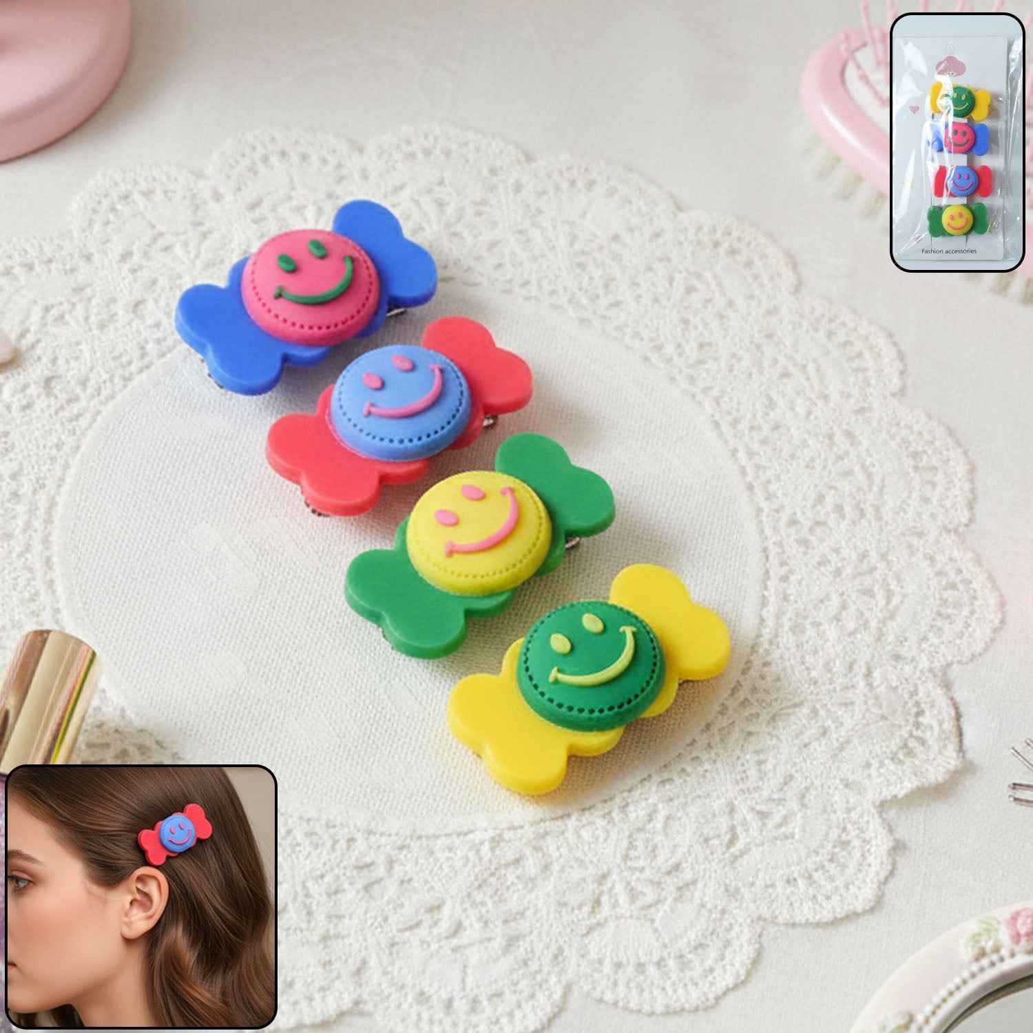 Smiley Candy Hair Clips – Cute Decorative Set of 4 for Daily Wear
