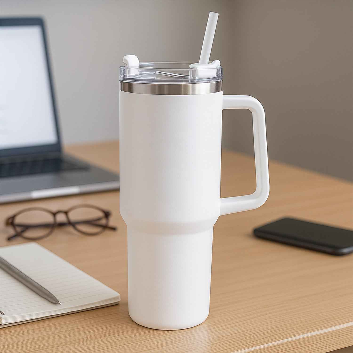 Insulated Stainless Steel Travel Tumbler – 890 ML White with Handle