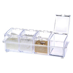 Acrylic spice rack with individual clear lids for each container.