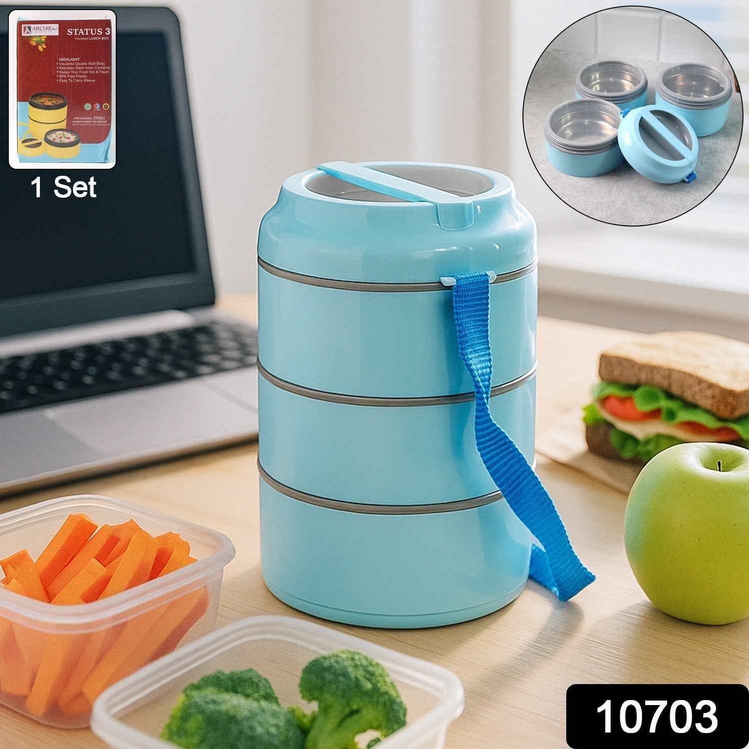 Insulated Lunch Box Set – 3 Layers with Leak-Proof Design & Handle