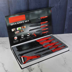 Kitchen Knife Set – Marble-Coated Blades & Ergonomic Red Handles