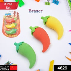 A child's hand holding a red chili shape eraser, showing its compact size.