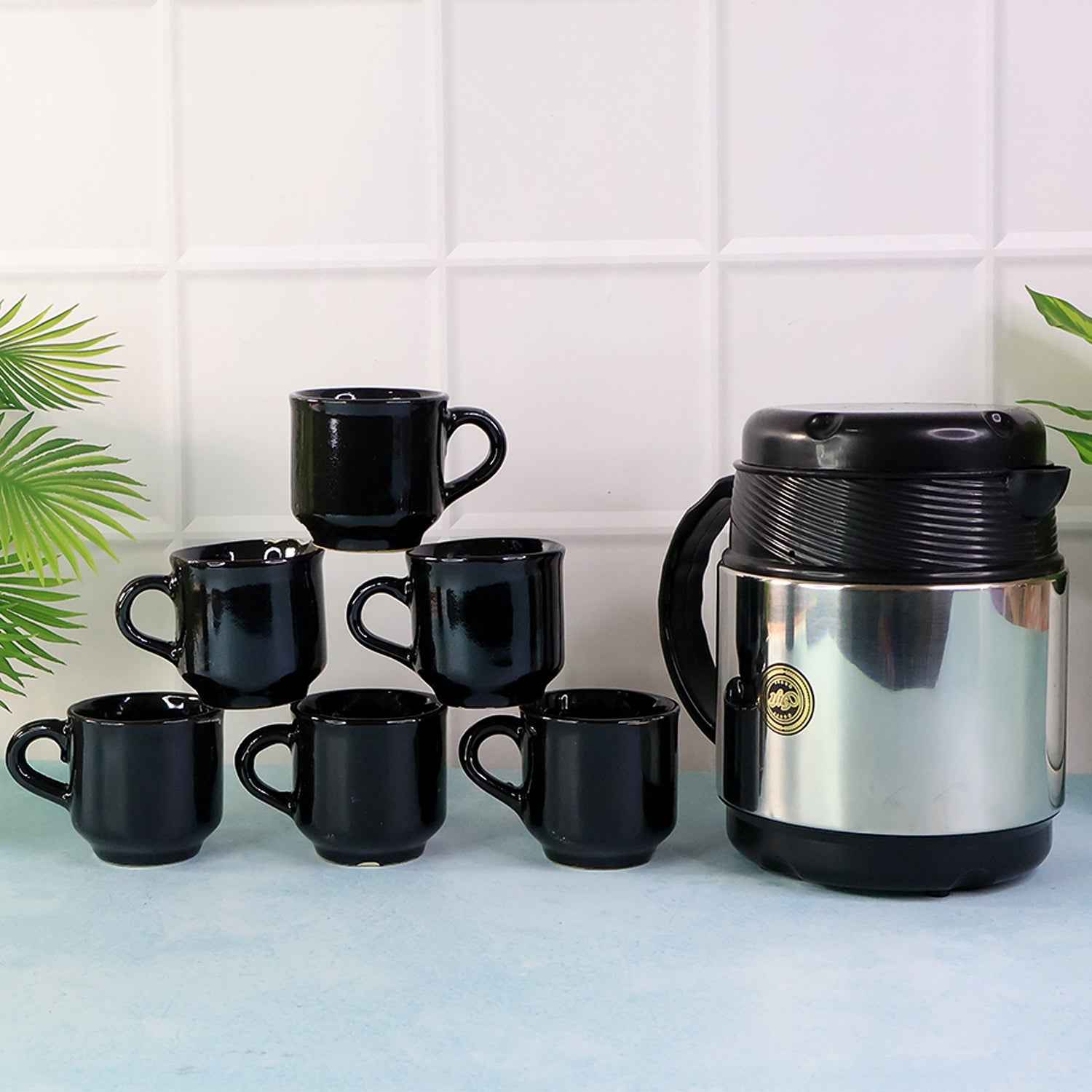 Insulated Thermos Flask with 6 Ceramic Cups – Keeps Drinks Hot