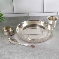 Stainless Steel Pooja Thali Set – Complete 4-Piece Dining Set