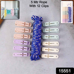 Clothesline Rope with 12 Clips – 5 Meter Heavy Duty Drying Rope