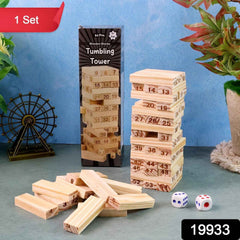 Wooden Tumbling Tower Game – 54 Numbered Blocks & Dice Set