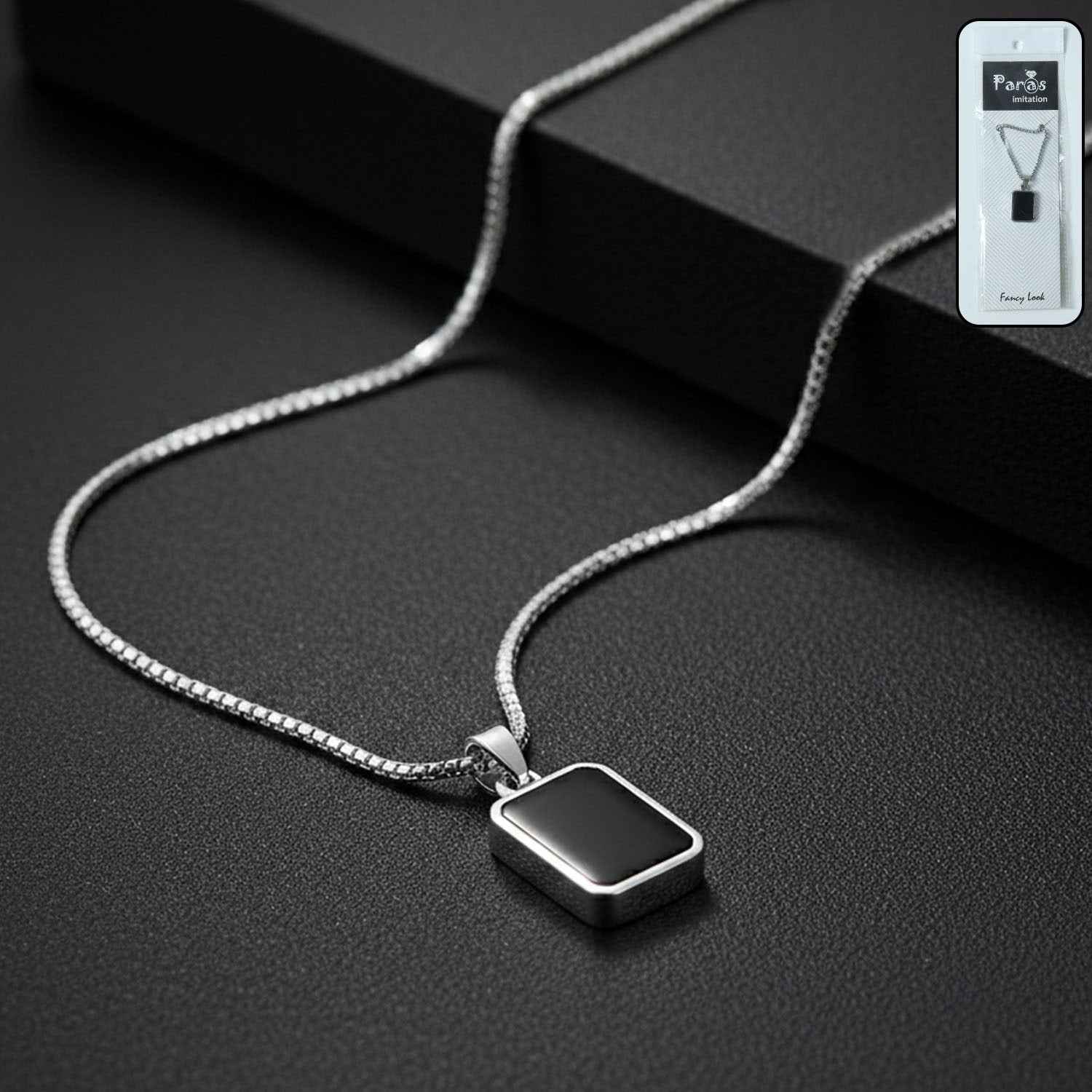 Men's stainless-steel pendant chain featuring sleek black rectangular pendant