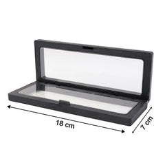 Side view of transparent floating jewelry display box 18x7 cm featuring black ABS frame