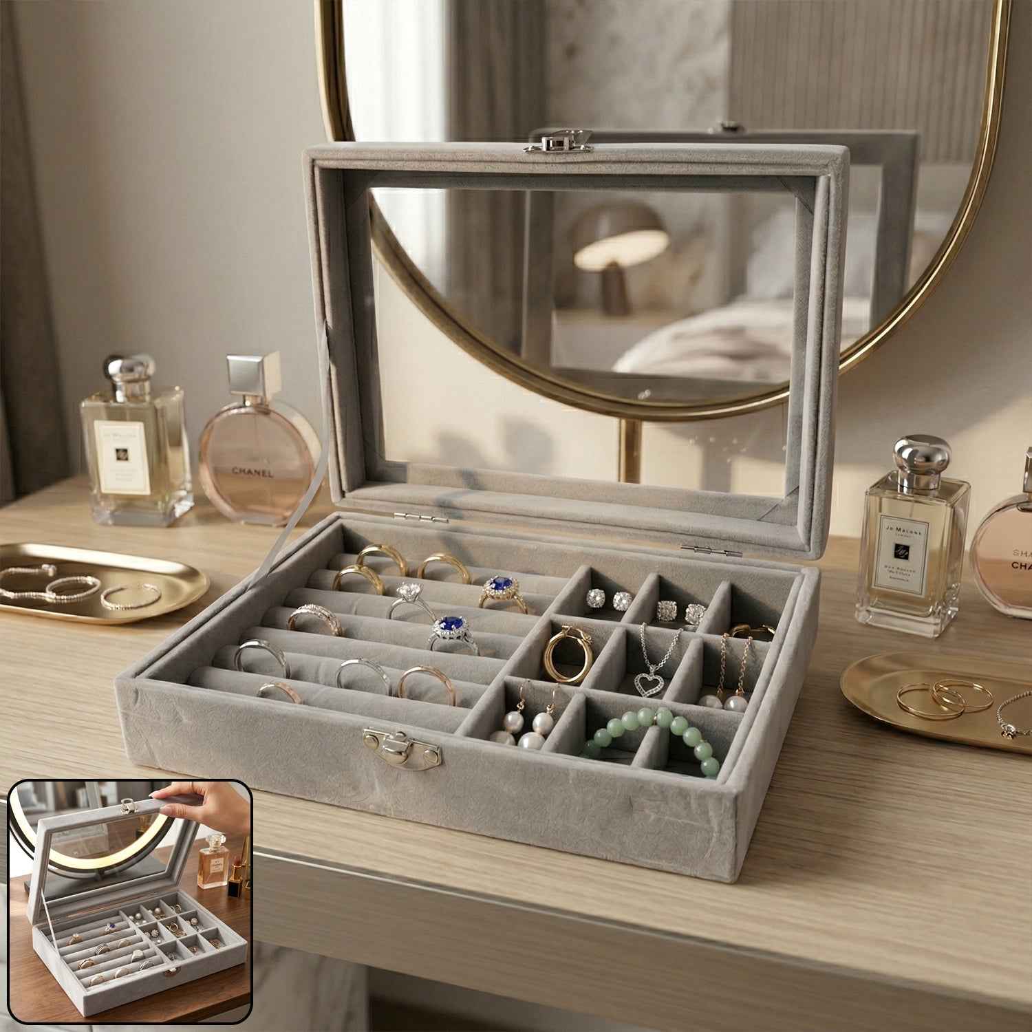 Velvet Jewellery Organizer Box Ð Transparent Lid & Multi-Compartment Storage