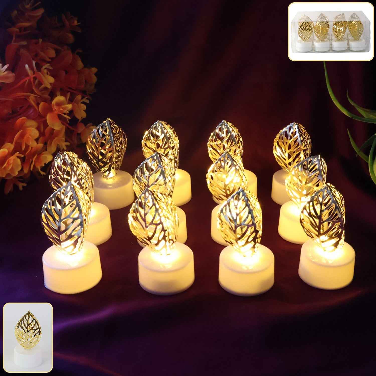 Leaf Shaped Flameless LED Candles – Elegant Decorative Set of 12