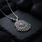 Floral Mandala Pendant Necklace – Antique Silver-Tone Oxidized Design