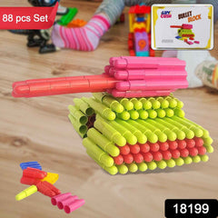 Children's hands building a structure with colorful creative building blocks.