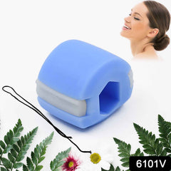 Blue jawline exerciser in its retail box with product details.