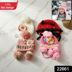 Kids Winter Woolen Ear Flap Cap – Soft & Warm with Pom Pom