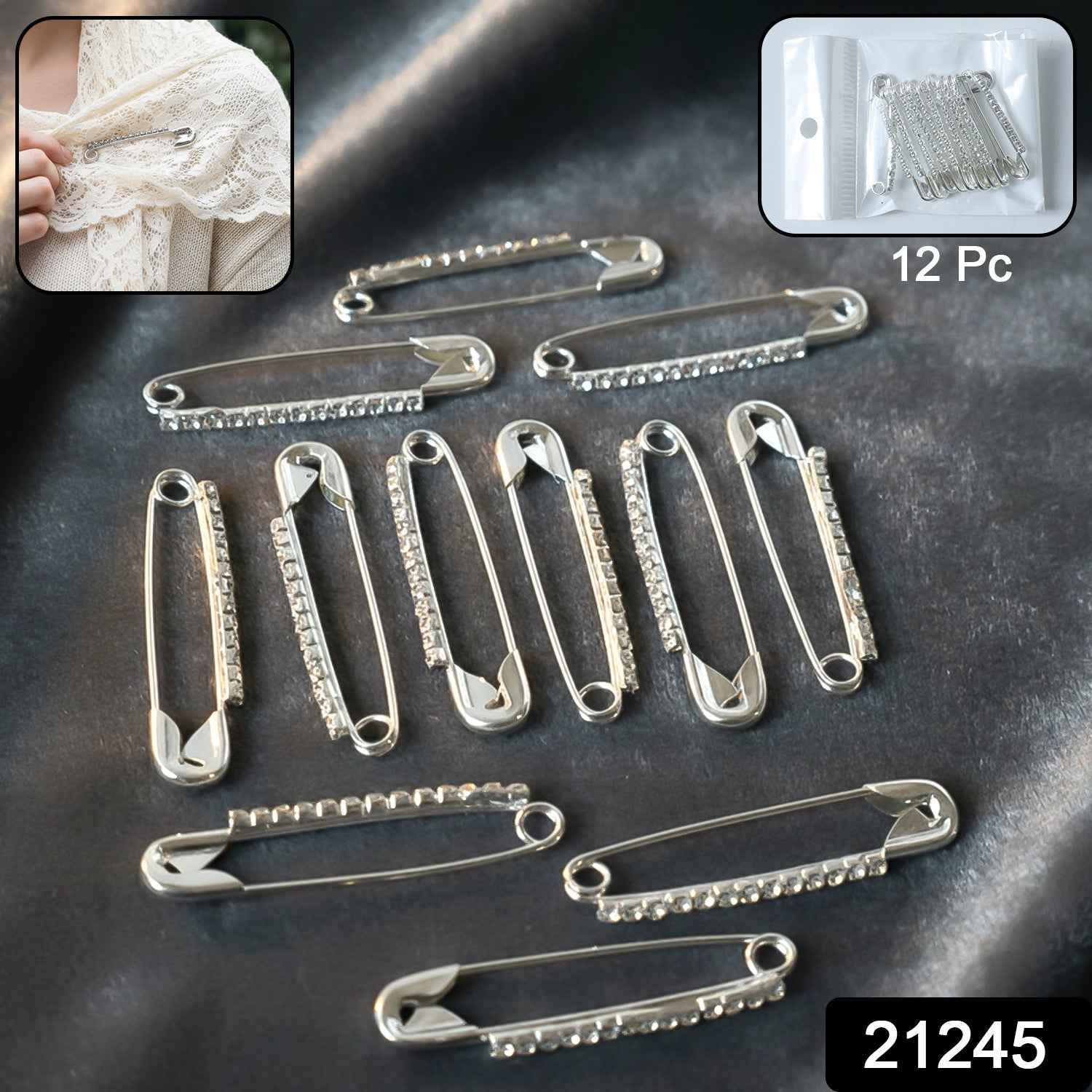Silver Safety Pin Brooch Set – Elegant Crystal Accent 12 Pc