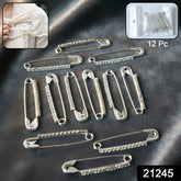 Silver Safety Pin Brooch Set – Elegant Crystal Accent 12 Pc