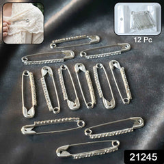 Silver Safety Pin Brooch Set – Elegant Crystal Accent 12 Pc
