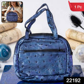 Mini Zipper Handbag – Metallic Blue Ostrich Pattern for Women