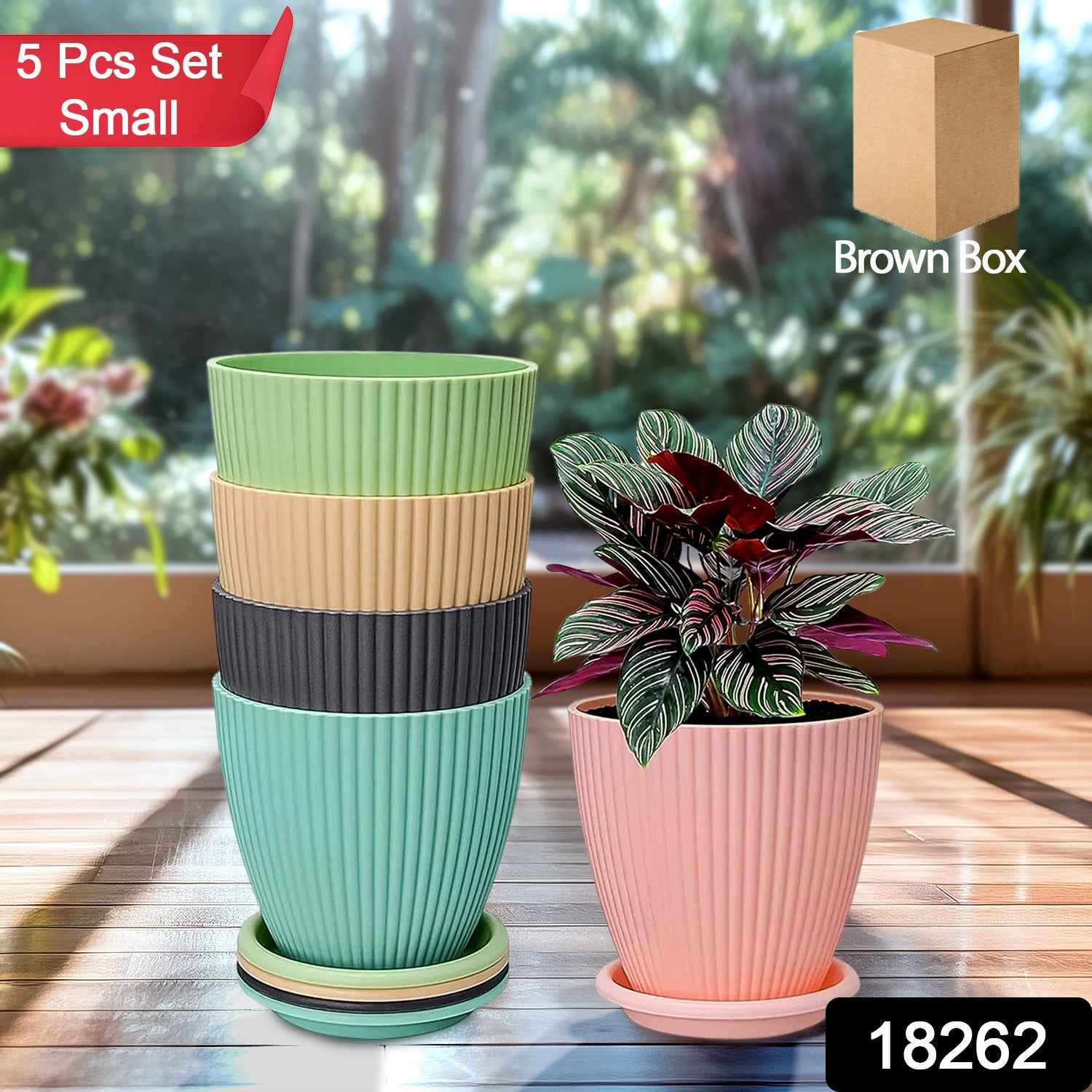 Round Flower Pot – 5 Pcs Set with Tray, Small |
