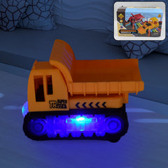 A vibrant yellow self-driving dump truck toy for kids with lights on a white background.