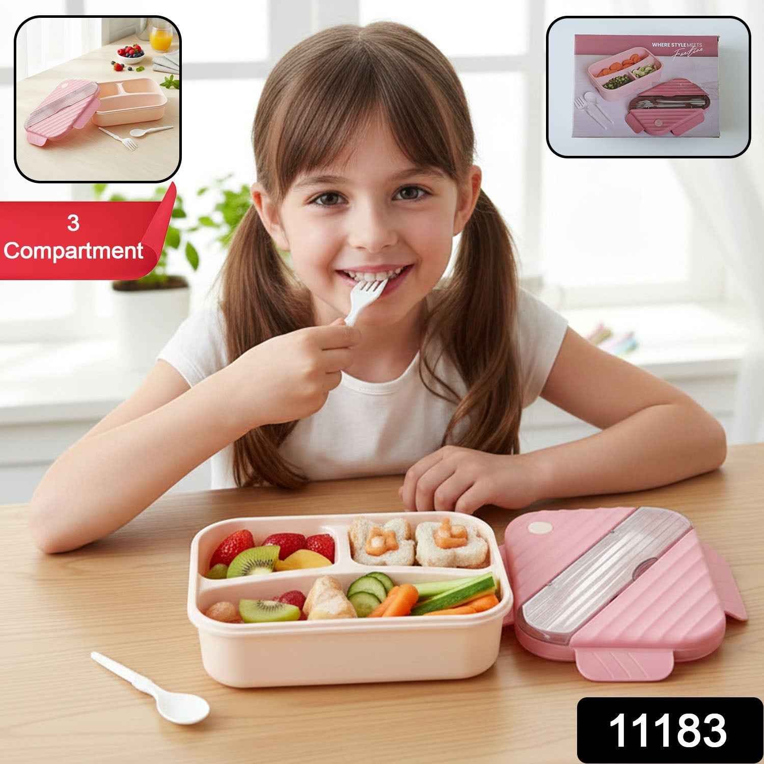 Plastic 3 Compartment Lunch Box for Kids – Organized & Portable
