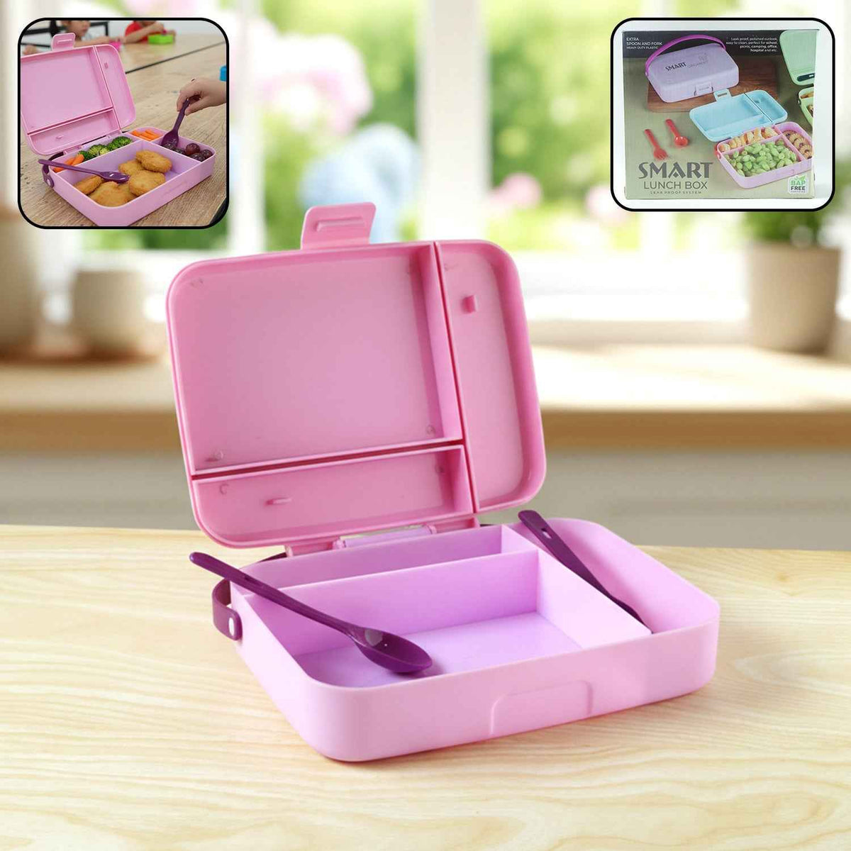 Leak Proof Lunch Box with 3 Compartments and Spoon Set