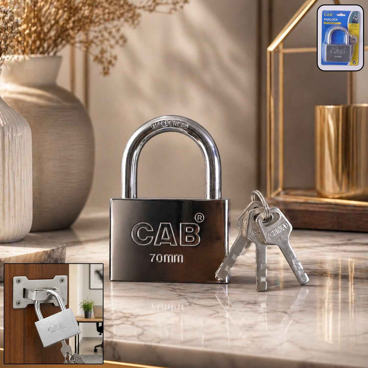Heavy Steel Padlock – 70mm Square, Hardened Shackle, 3 Keys | Styleva