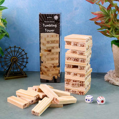 Wooden Tumbling Tower Game – 54 Numbered Blocks & Dice Set