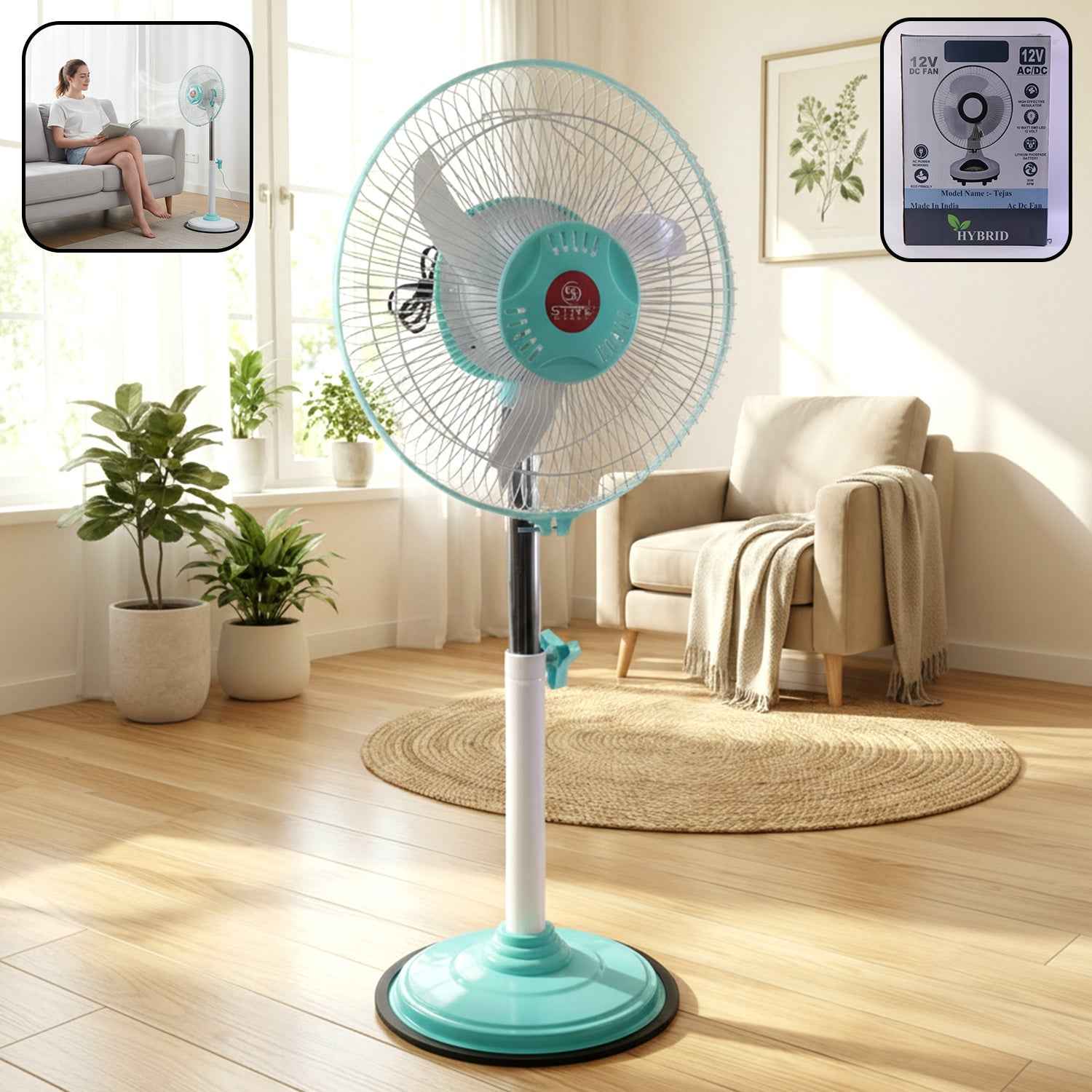 12V DC Hybrid Pedestal Fan – High-Speed Cooling for Home & Office