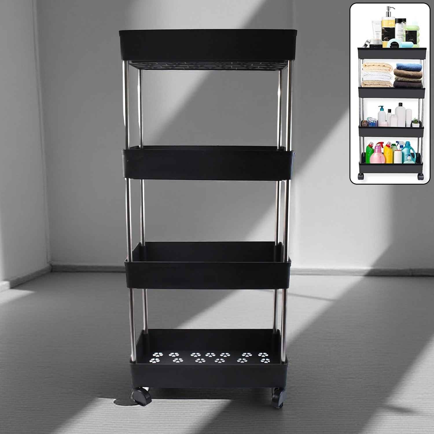 Movable storage rack trolley with four layers for kitchen and bathroom organization