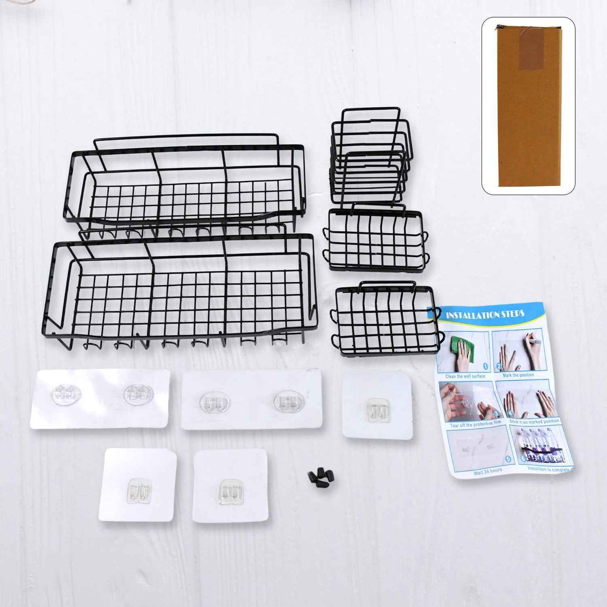 Metal shower caddy set displaying adhesive shelves for bathroom organization