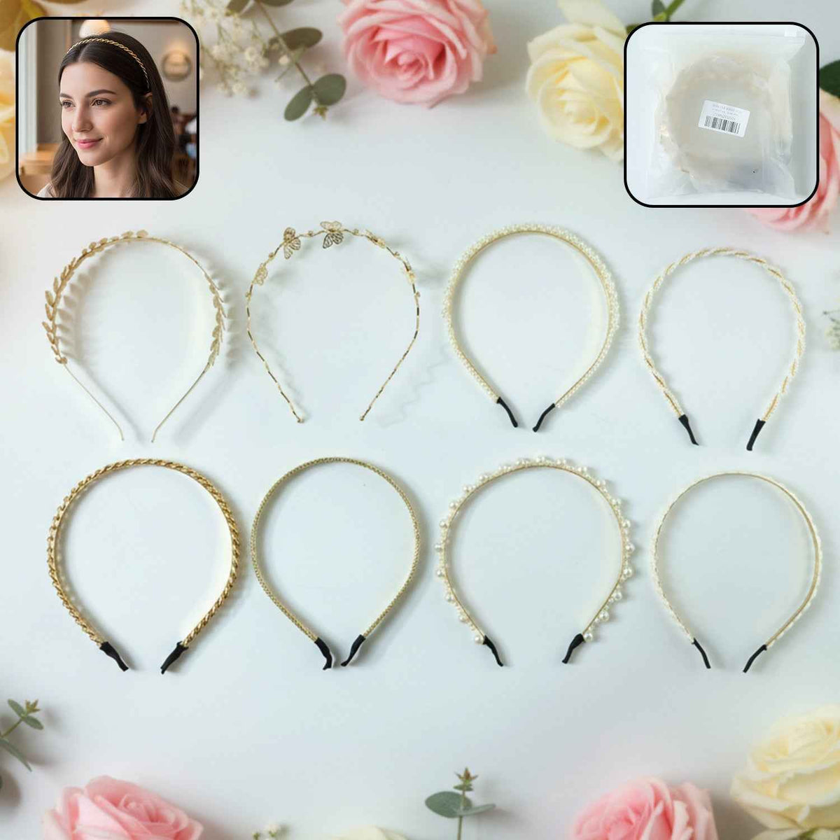 Designer Hair Band Set – Elegant 8-Piece Pearl & Floral Collection