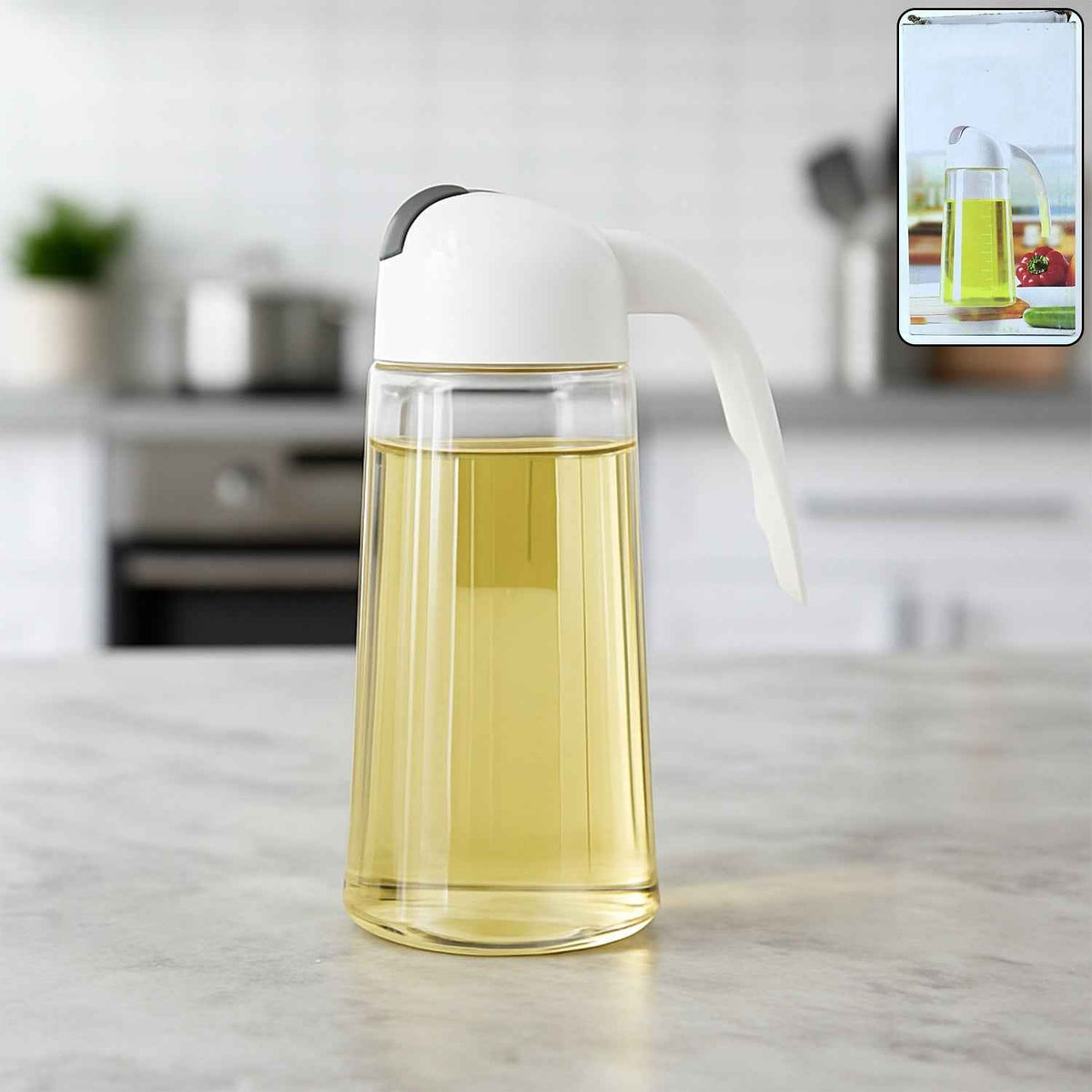 Glass Oil Bottle Dispenser 630ml – Automatic Lid & Drip-Free Pour