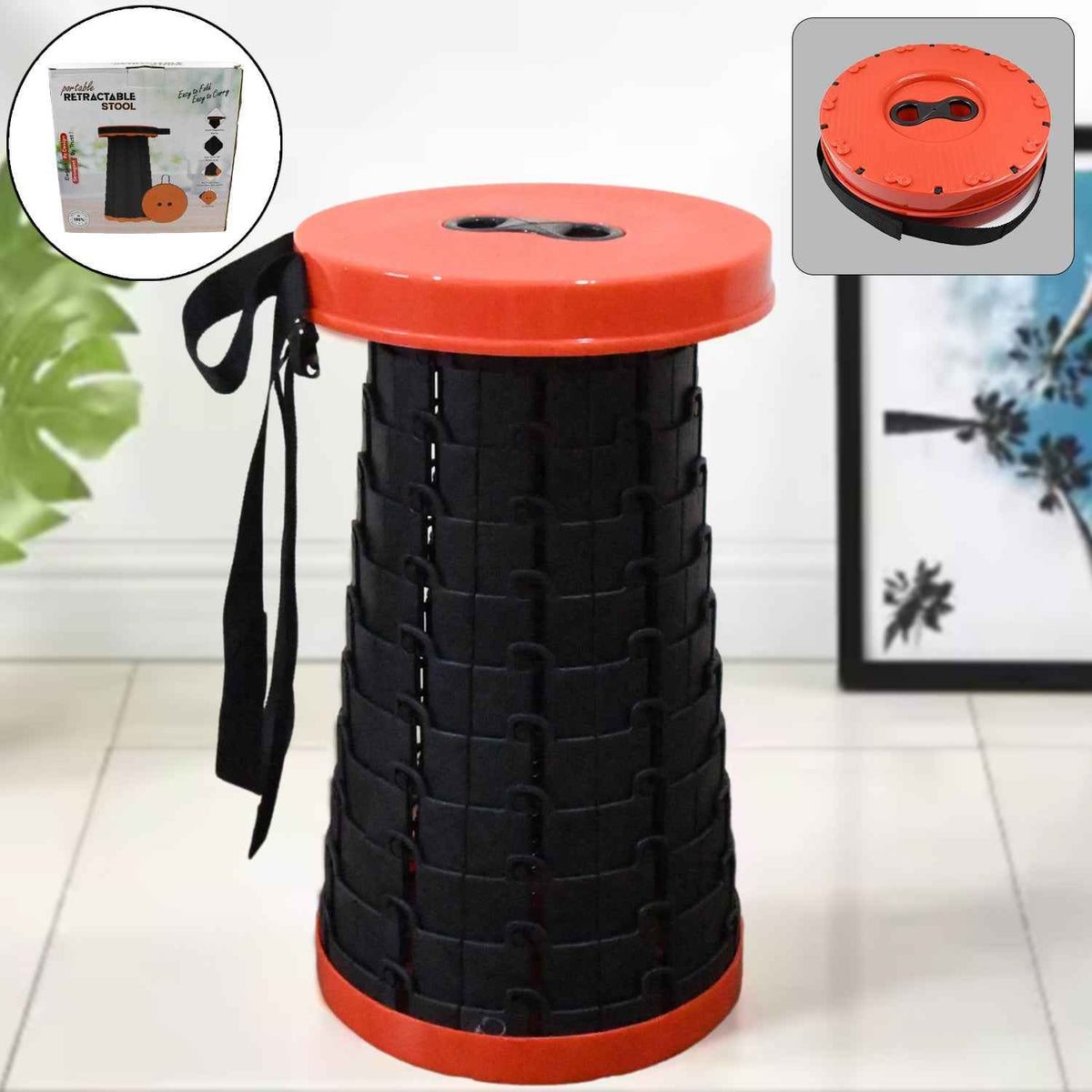 Retractable folding stool in its compact, collapsed form, showcasing its portability.
