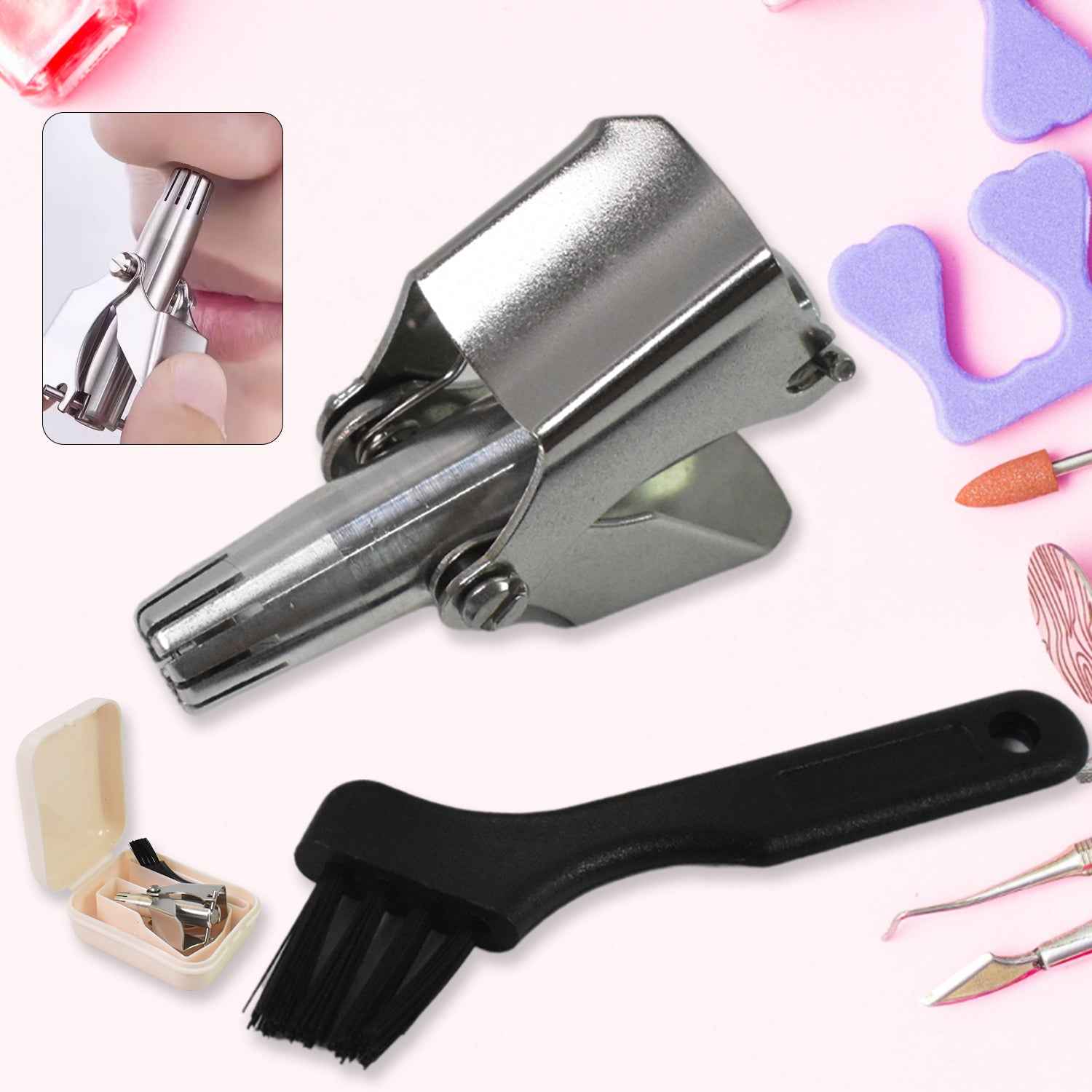 Manual nose hair clipper made of stainless steel, shown with cleaning brush and storage case.