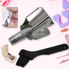 Manual nose hair clipper made of stainless steel, shown with cleaning brush and storage case.
