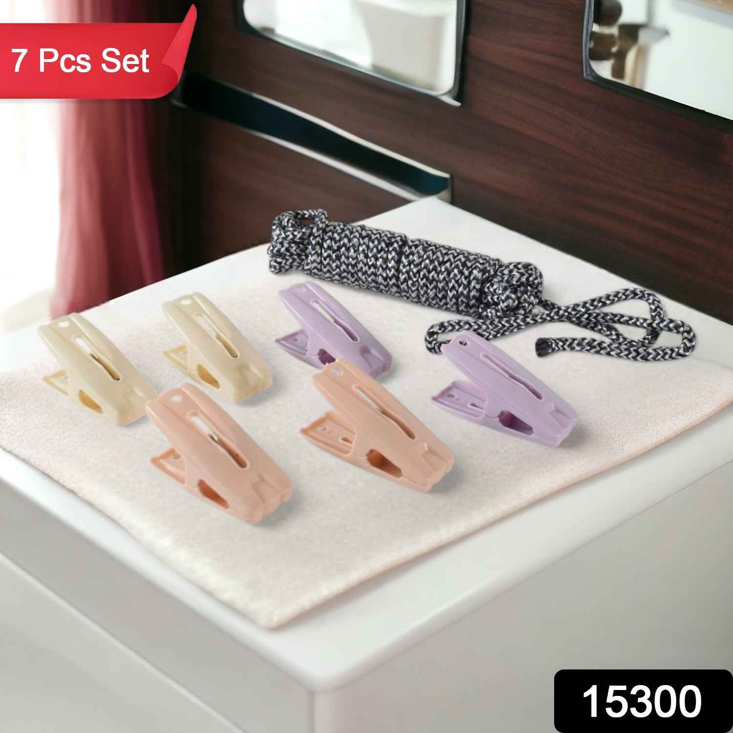 Cloth Drying Rope with Clips – Durable 7-Piece Hanging Set