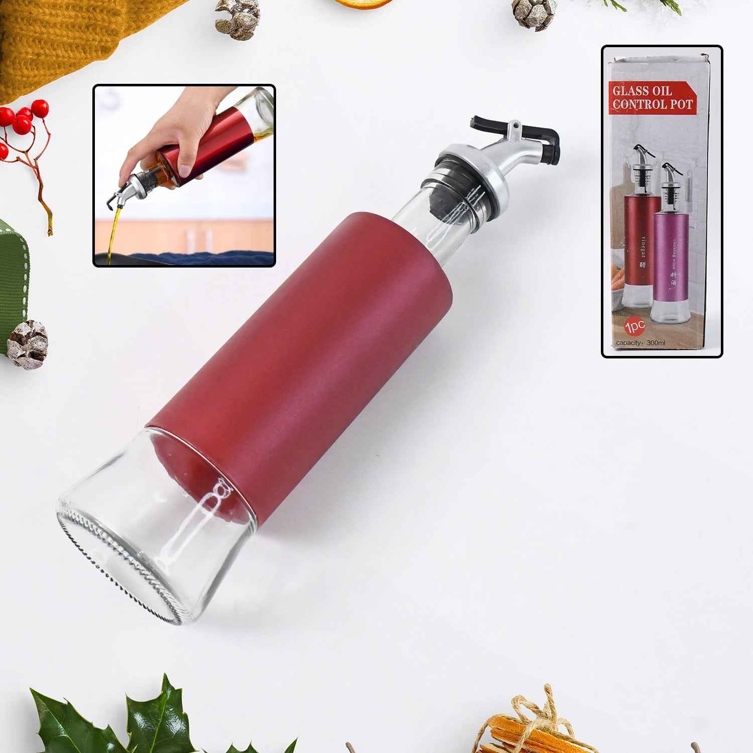 Glass Oil Dispenser – Durable 300ml Bottle with Plastic Cover