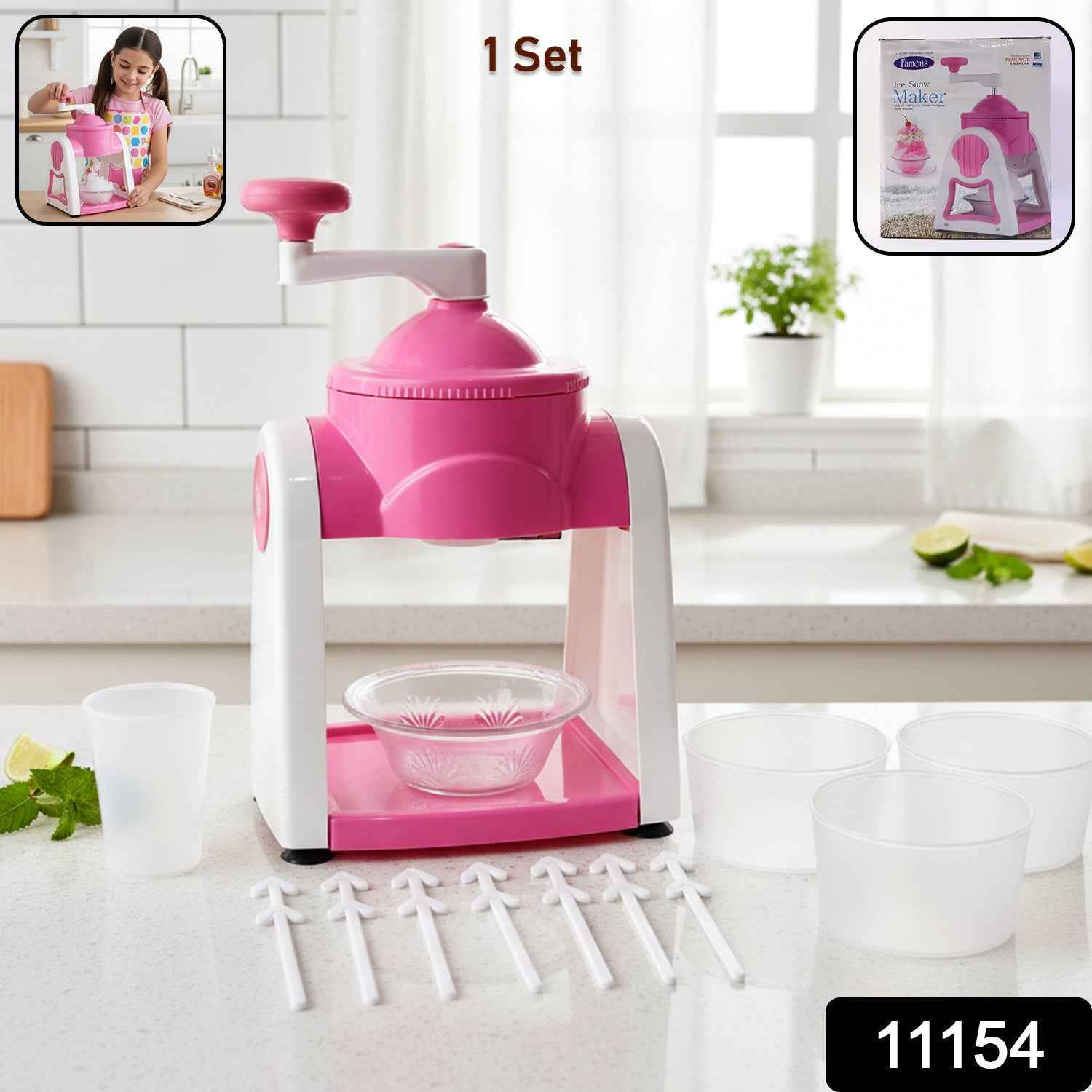 Manual Ice Crusher – Compact Pink Ice Shaver with Hand Crank