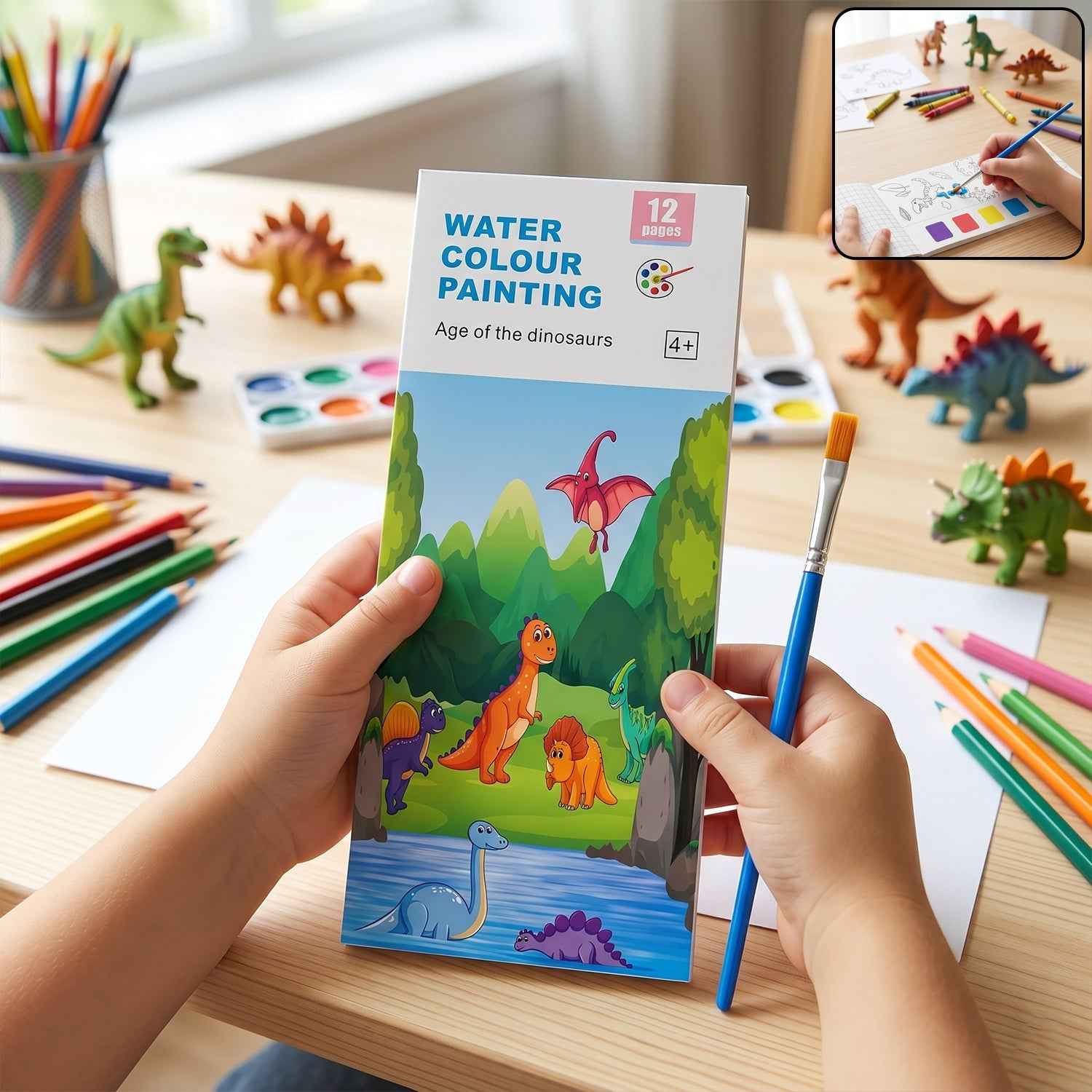 Kids Watercolour Painting Book Ð Dinosaur Theme & Brushes for Creativity